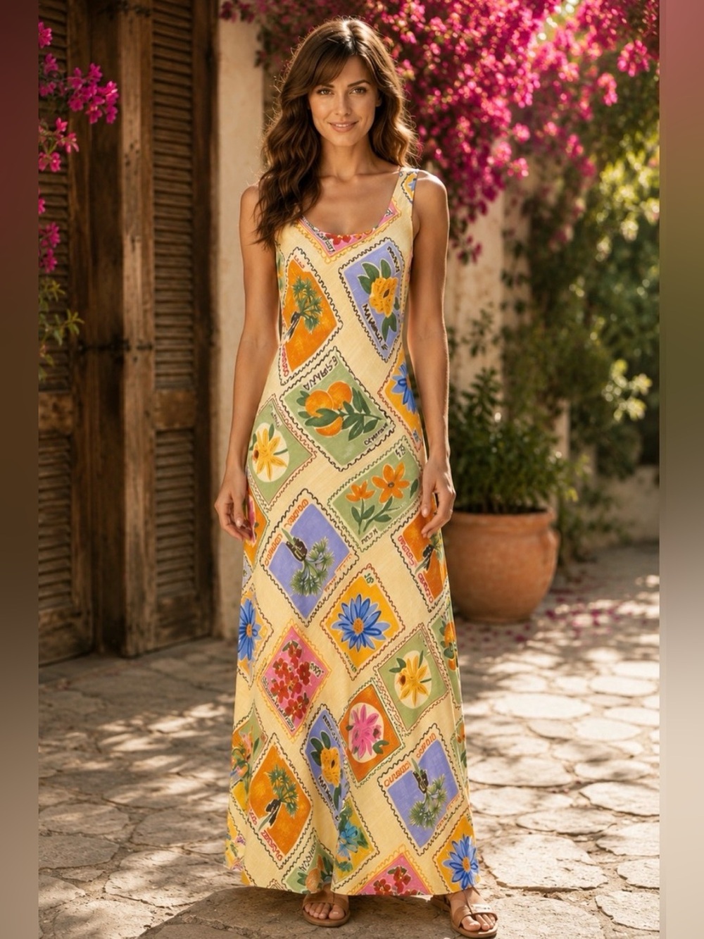 Paper Heart La Dolce Vita Postcard Print Linen Open Back Maxi Dress S NWT Resort
